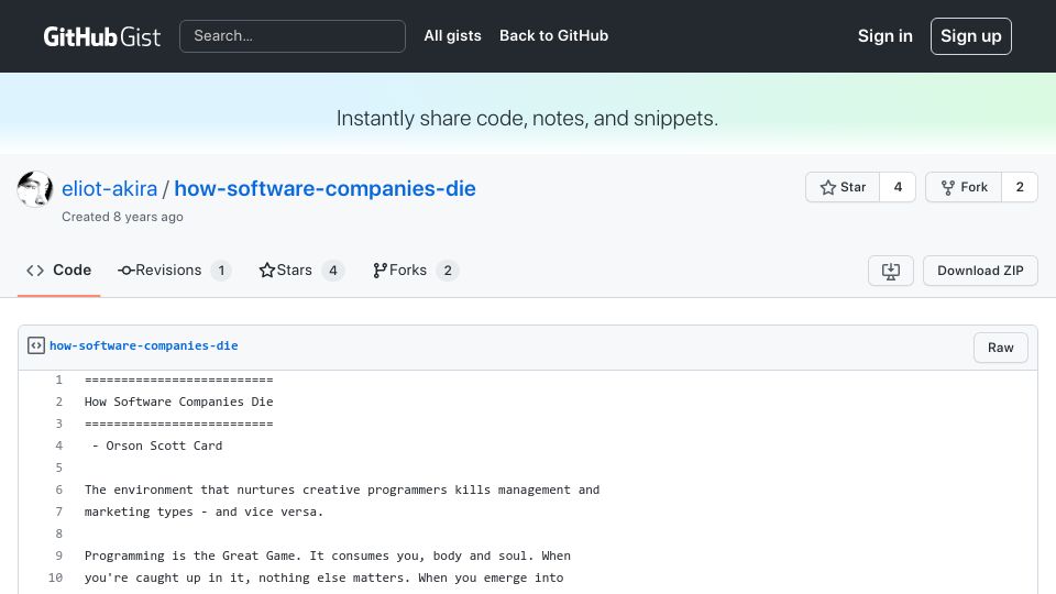 Screenshot of gist.github.com: How Software Companies Die (1995)