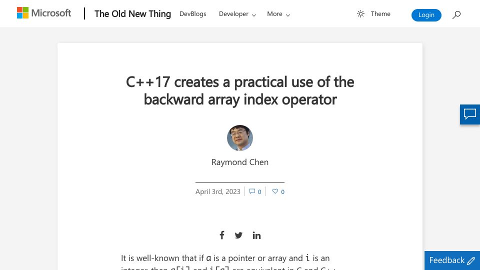 Screenshot of devblogs.microsoft.com: C++17 creates a practical use of the backward array index operator