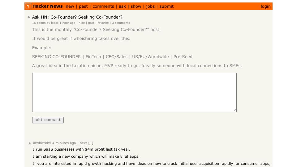 Screenshot of Hacker News post: Ask HN: Co-Founder? Seeking Co-Founder?
