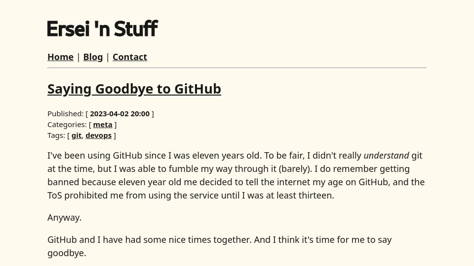 Screenshot of ersei.net: Saying Goodbye to GitHub
