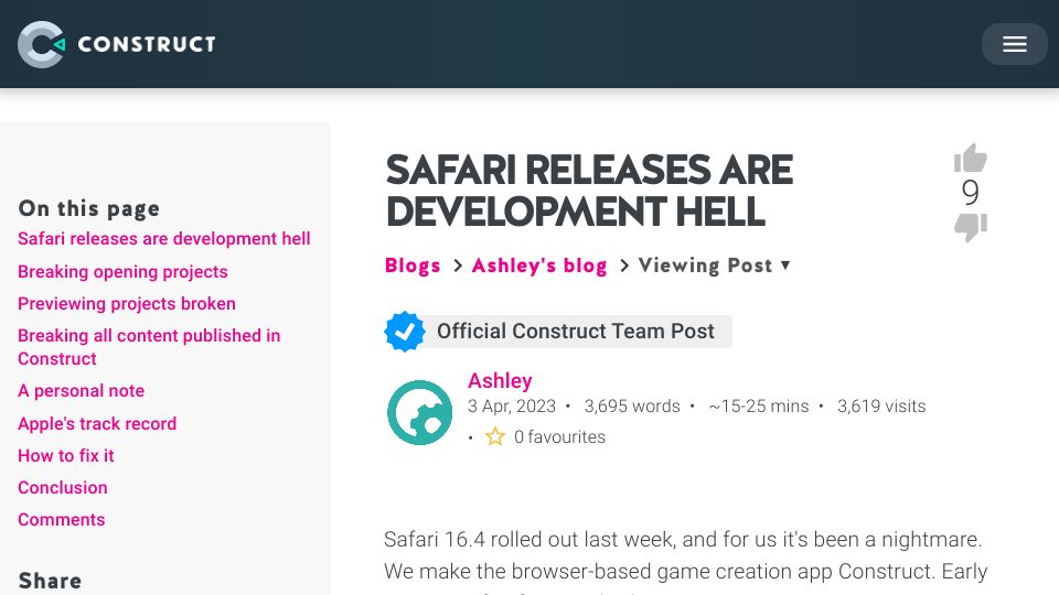 Screenshot of construct.net: Safari releases are development hell