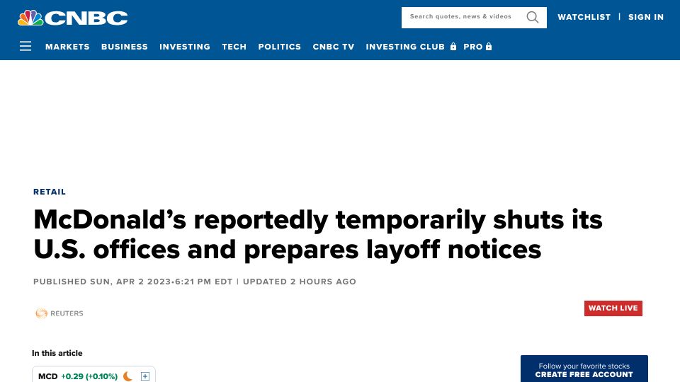 Screenshot of cnbc.com: McDonald's temporarily shuts its U.S. offices and prepares layoff notices