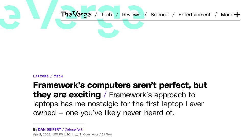 Screenshot of theverge.com: Framework’s computers aren’t perfect, but they are exciting