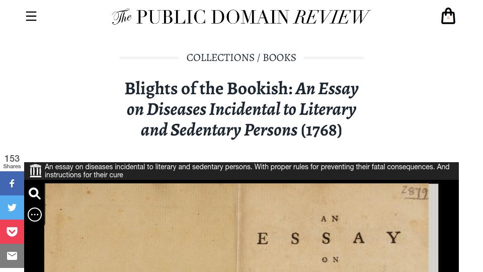Screenshot of publicdomainreview.org: An Essay on Diseases Incidental to Literary and Sedentary Persons (1768)