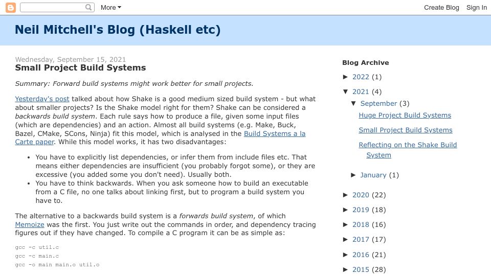 Screenshot of neilmitchell.blogspot.com: Small Project Build Systems (2021)