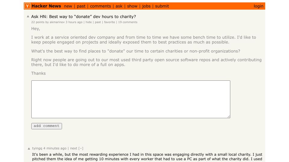 Screenshot of Hacker News post: Ask HN: Best way to “donate” dev hours to charity?
