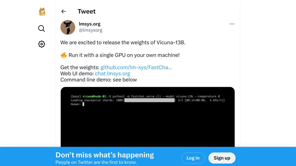 Screenshot of twitter.com: State-of-the-art open-source chatbot, Vicuna-13B, just released model weights