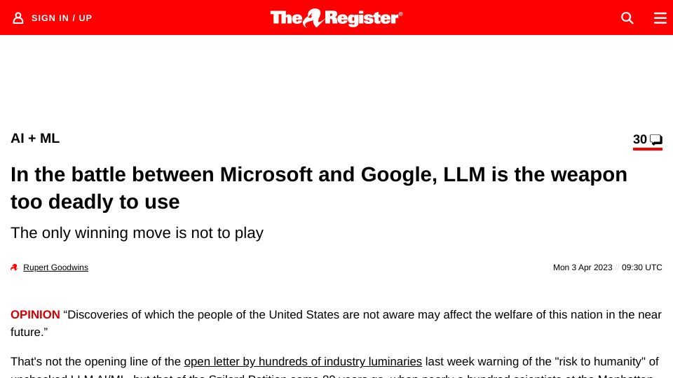 Screenshot of theregister.com: In the battle between Microsoft and Google, LLM is the weapon too deadly to use