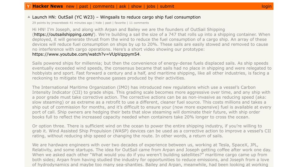 Screenshot of Hacker News post: Launch HN: OutSail (YC W23) – Wingsails to reduce cargo ship fuel consumption