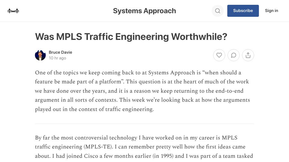 Screenshot of systemsapproach.substack.com: Was MPLS Traffic Engineering Worthwhile?