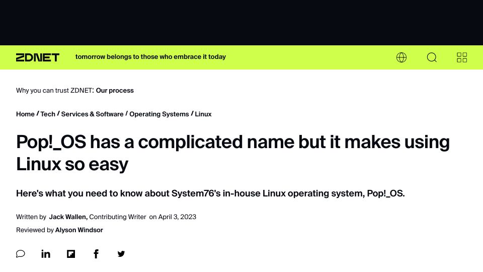 Screenshot of zdnet.com: Pop_OS has a complicated name but it makes using Linux so easy