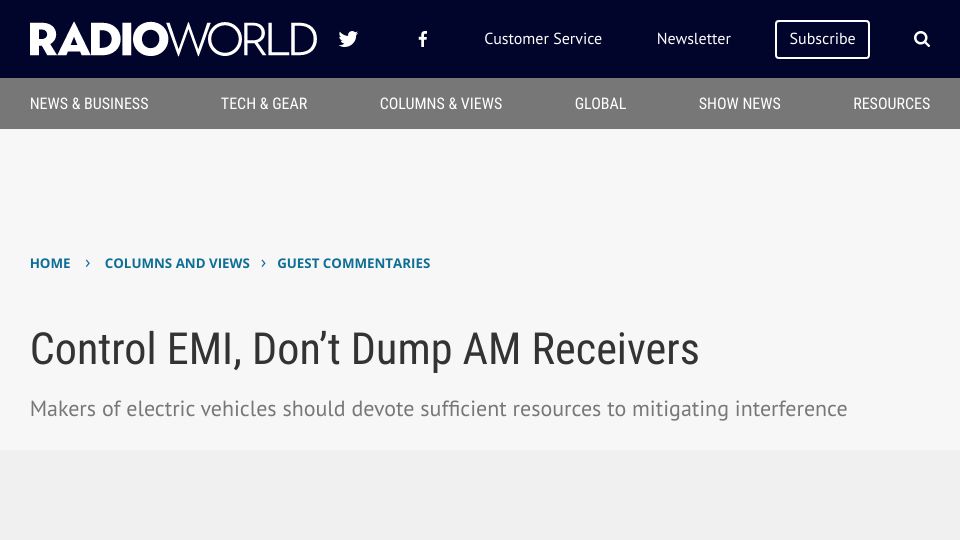 Screenshot of radioworld.com: Control EMI, Don’t Dump AM Receivers