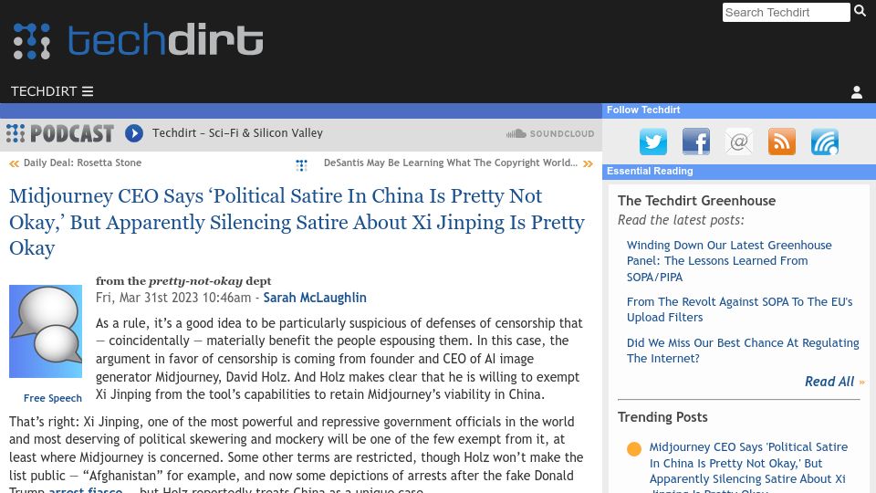 Screenshot of techdirt.com: Midjourney CEO Silencing Satire About Xi Jinping