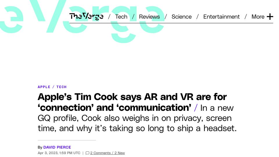 Screenshot of theverge.com: Apple's Tim Cook says AR and VR headsets are for connection and communication