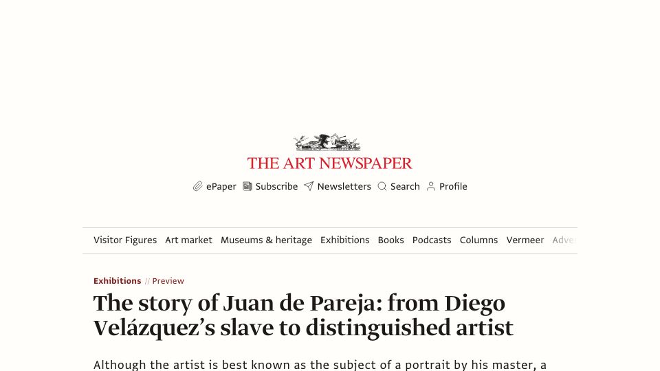 Screenshot of theartnewspaper.com: Juan de Pareja: from Diego Velázquez’s slave to distinguished artist