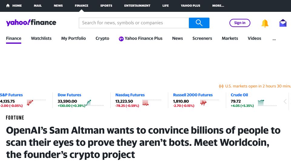 Screenshot of finance.yahoo.com: Sam Altman wants to convince billions to scan eyes to prove they aren’t bots