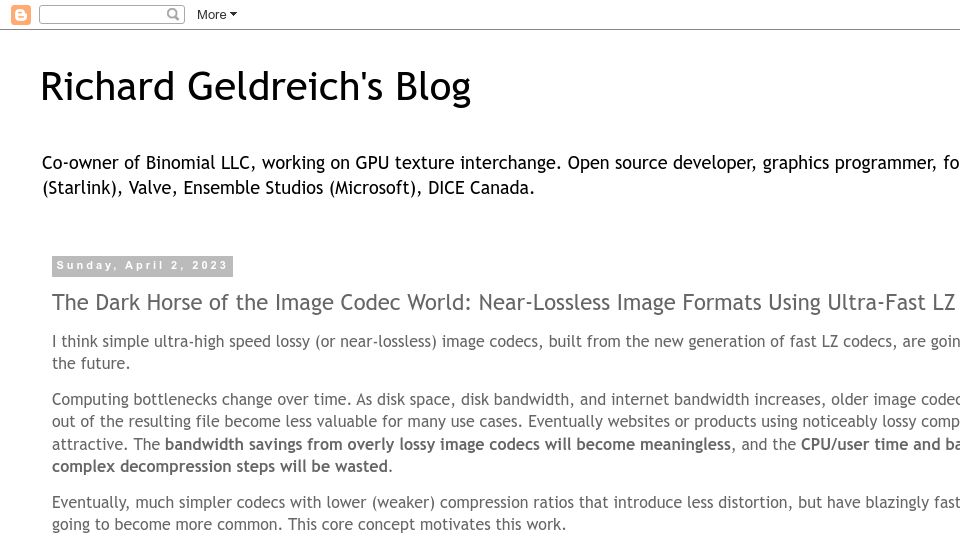 Screenshot of richg42.blogspot.com: Near-lossless image formats using ultra-fast LZ codecs