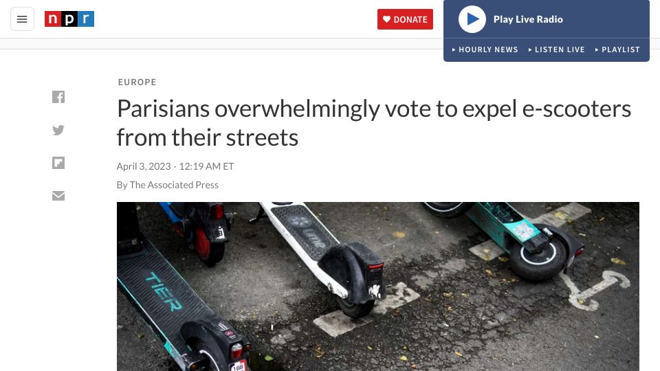 Screenshot of npr.org: Parisians overwhelmingly vote to expel e-scooters from their streets