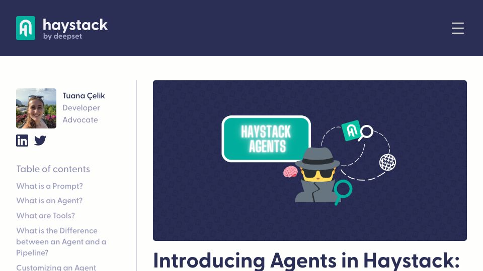 Screenshot of haystack.deepset.ai: Introducing Agents in Haystack: Make LLMs resolve complex tasks