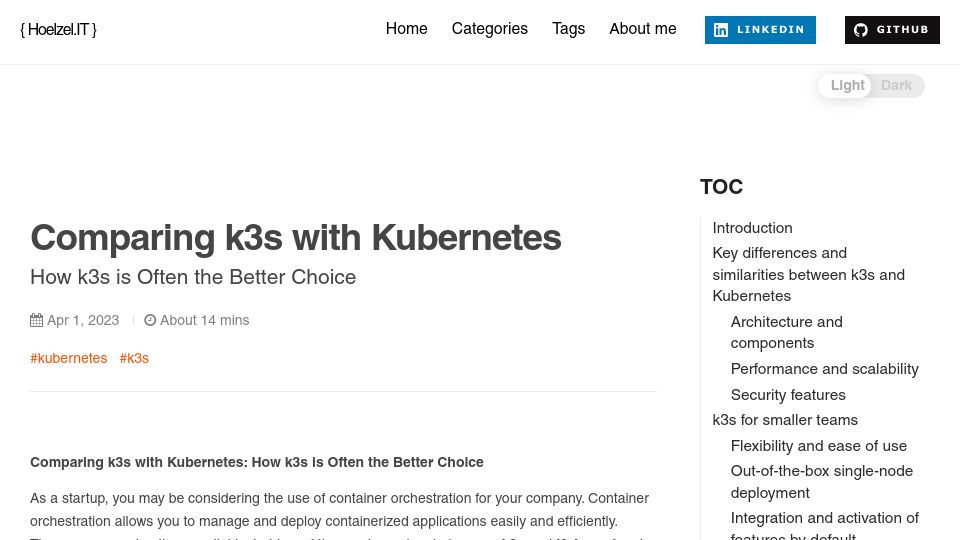 Screenshot of hoelzel.it: Comparing k3s with default Kubernetes