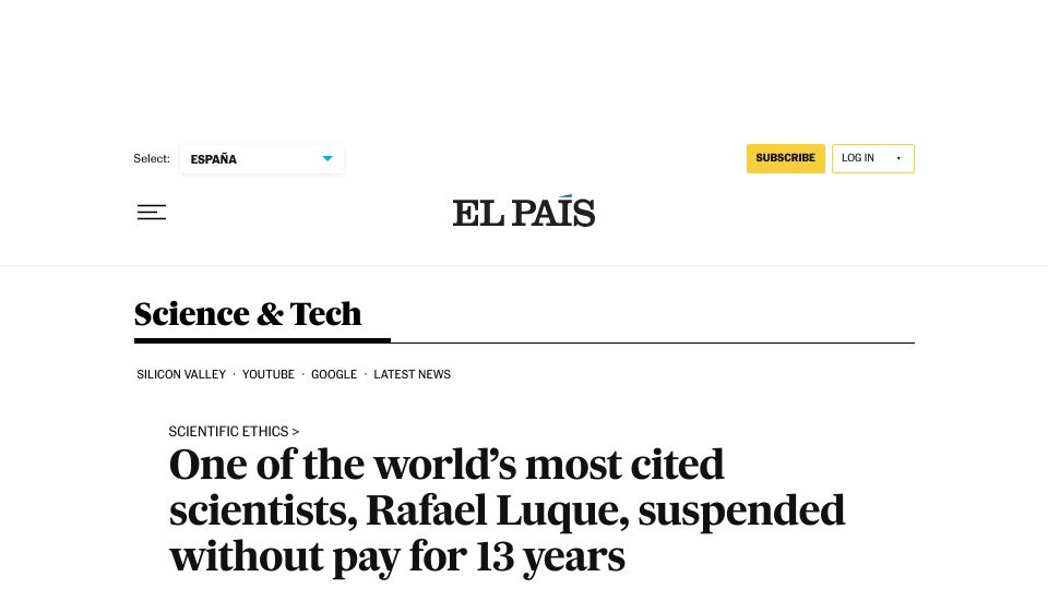 Screenshot of english.elpais.com: Chemist Rafael Luque suspended without pay for thirteen years
