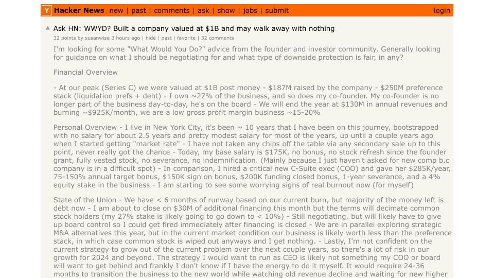 Screenshot of Hacker News post: Ask HN: WWYD? Built a company valued at $1B and may walk away with nothing