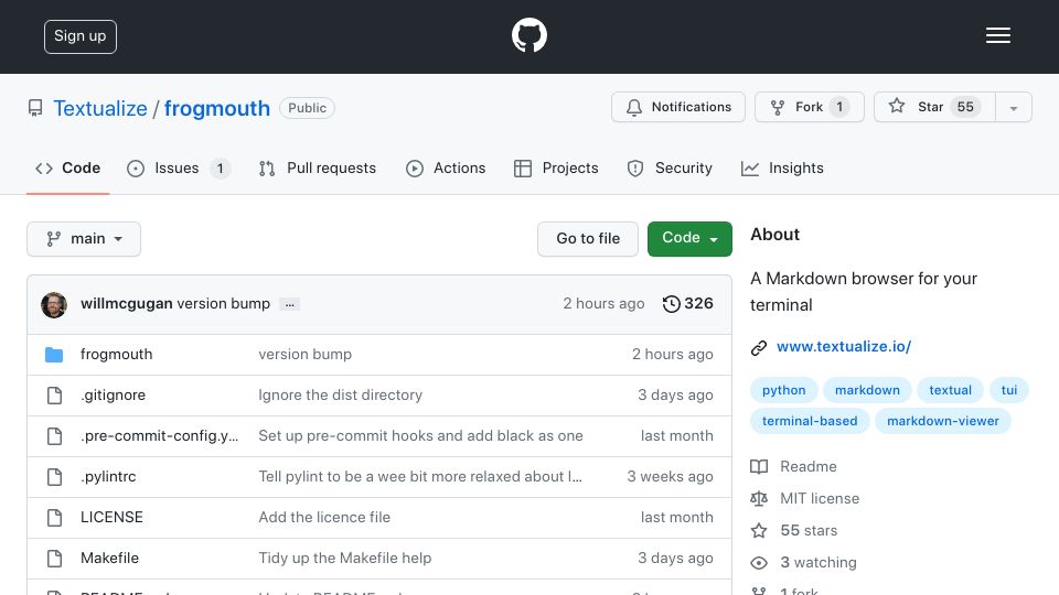 Screenshot of github.com: Show HN: Frogmouth – A Markdown browser for the terminal
