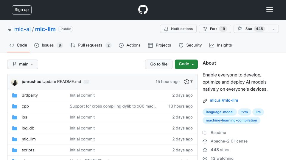 Screenshot of github.com: MLC-LLM: GPT/Llama on consumer-class GPUs and phones