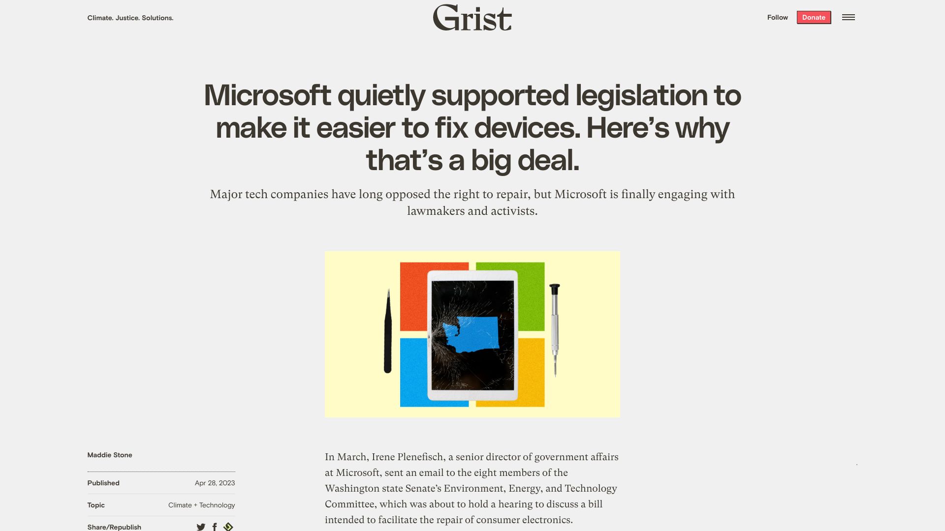Screenshot of grist.org: Microsoft quietly supported legislation to make it easier to fix devices