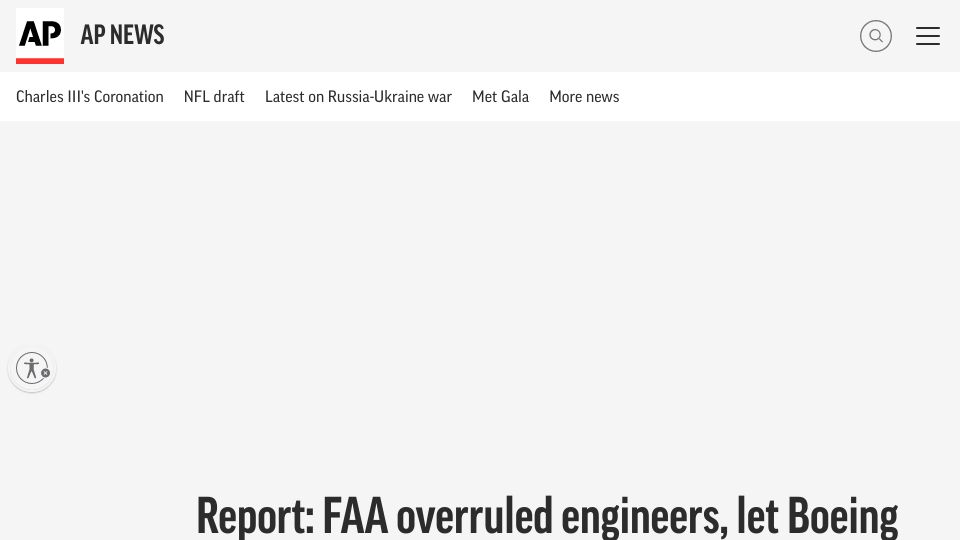 Screenshot of apnews.com: FAA overruled engineers, let Boeing Max keep flying