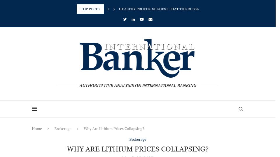 Screenshot of internationalbanker.com: Why are lithium prices collapsing?