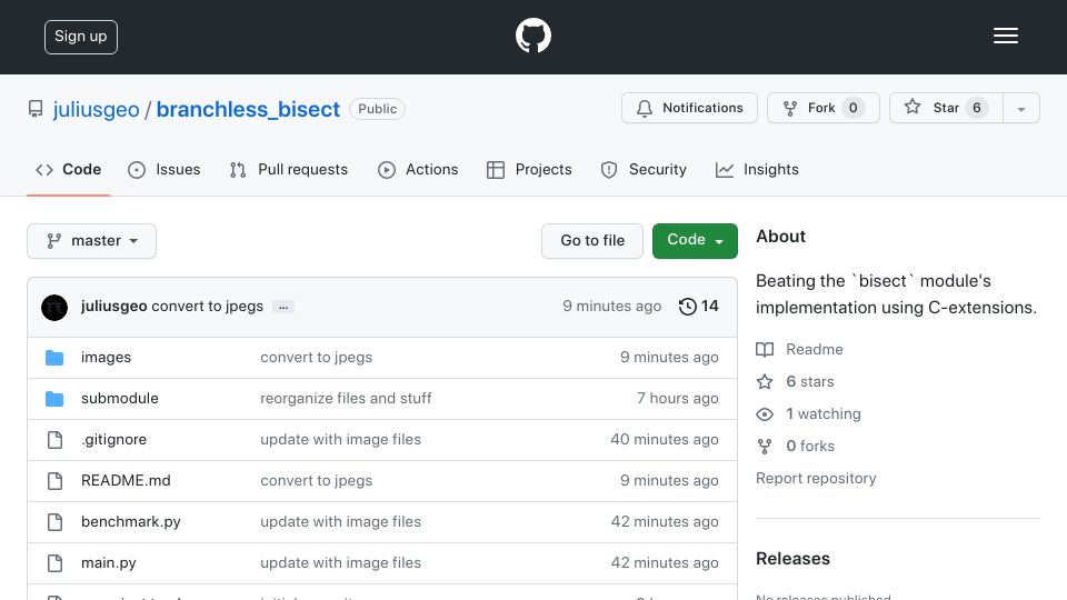 Screenshot of github.com: Beating Bisect with Branchless Binary Search