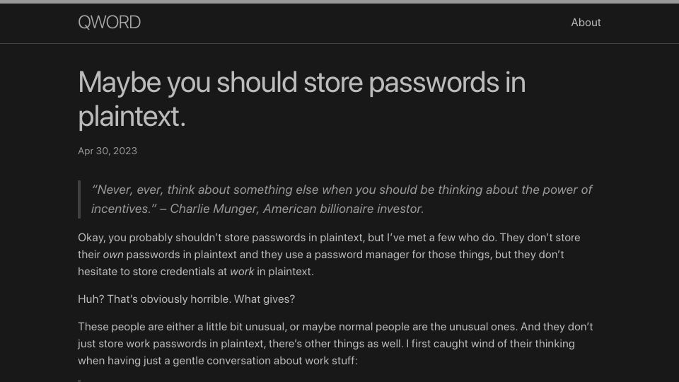 Screenshot of qword.net: Maybe you should store passwords in plaintext