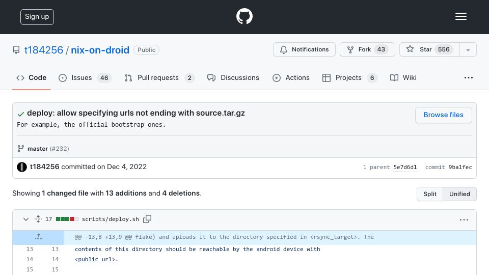 Screenshot of github.com: Nix-on-droid: Nix-enabled environment for your Android device (termux-based)