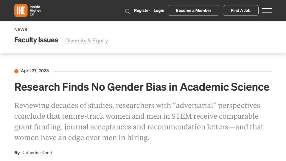 Screenshot of insidehighered.com: Research Finds No Gender Bias in Academic Science