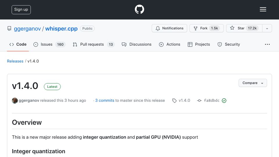 Screenshot of github.com: Whisper.cpp v1.4.0