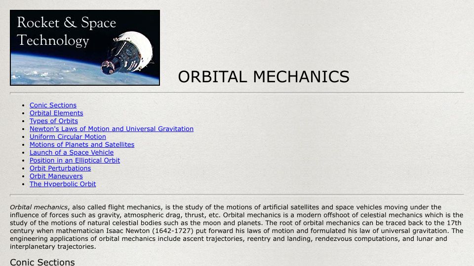 Screenshot of braeunig.us: Orbital Mechanics