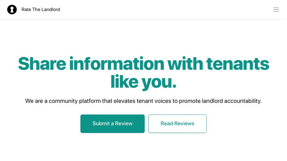 Screenshot of ratethelandlord.org: Rate The Landlord: Anonymously share information with tenants like you