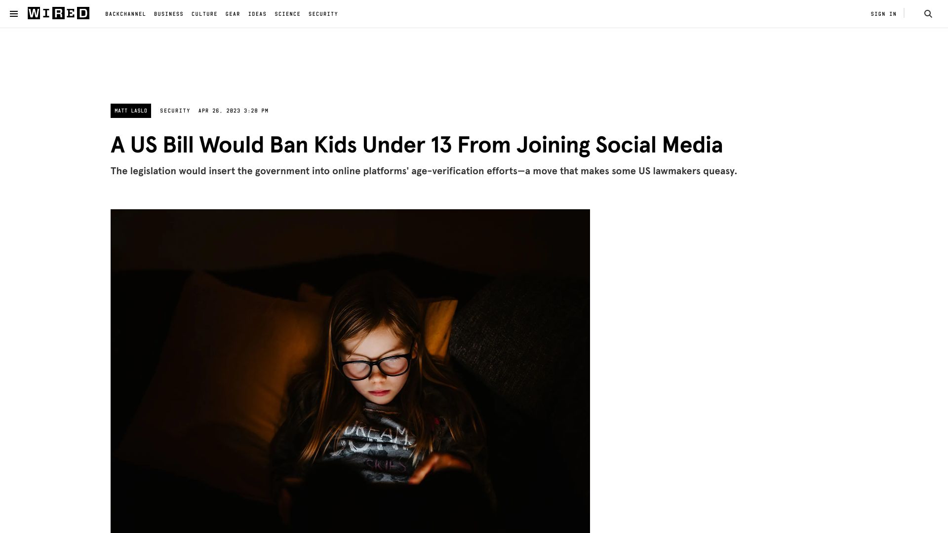 Screenshot of wired.com: A US Bill Would Ban Kids Under 13 from Joining Social Media