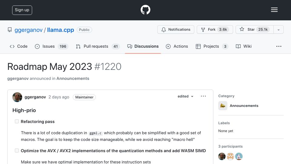 Screenshot of github.com: llama.cpp: Roadmap May 2023