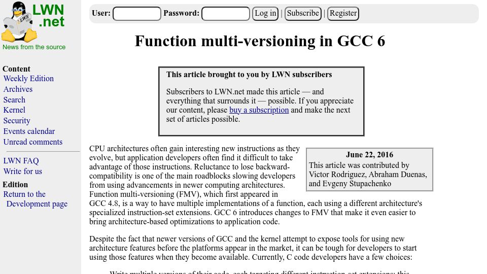 Screenshot of lwn.net: Function multi-versioning in GCC 6 (2016)