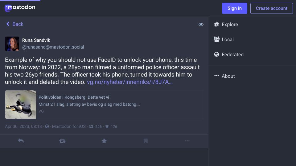 Screenshot of mastodon.social: Example of why you should not use FaceID to unlock your phone