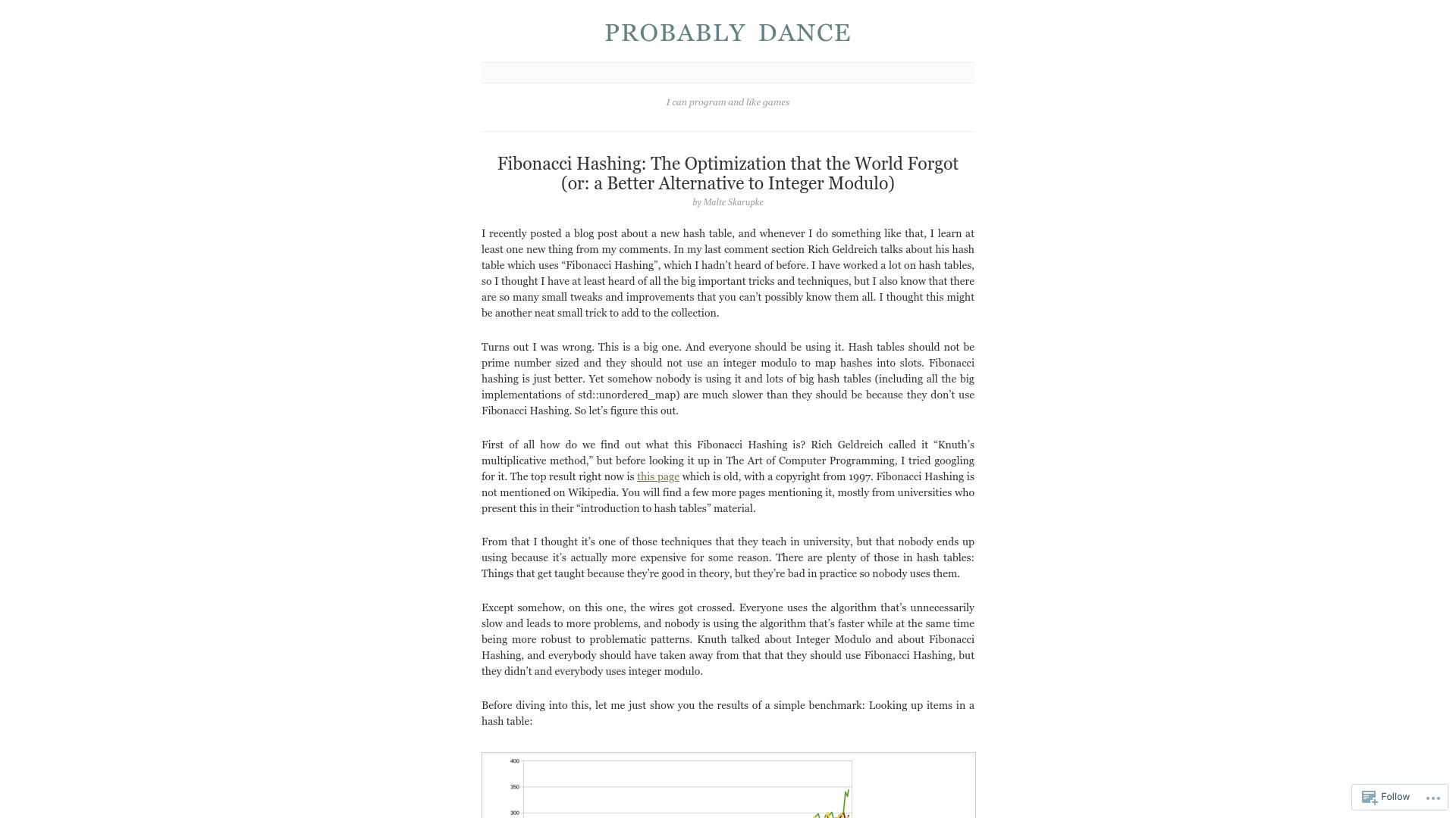 Screenshot of probablydance.com: Fibonacci Hashing: An optimization that the world forgot (2018)
