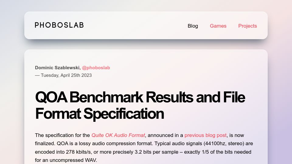 Screenshot of phoboslab.org: Quite OK Audio Format