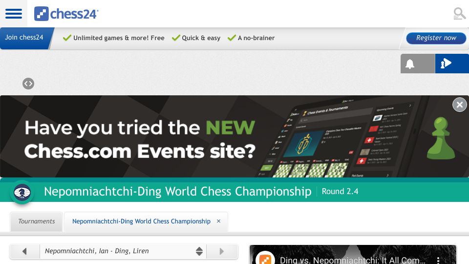 Screenshot of chess24.com: FIDE world chess championship decided in rapid tiebreaks