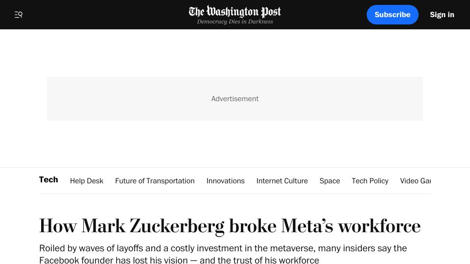 Screenshot of washingtonpost.com: Mark Zuckerberg Broke Meta