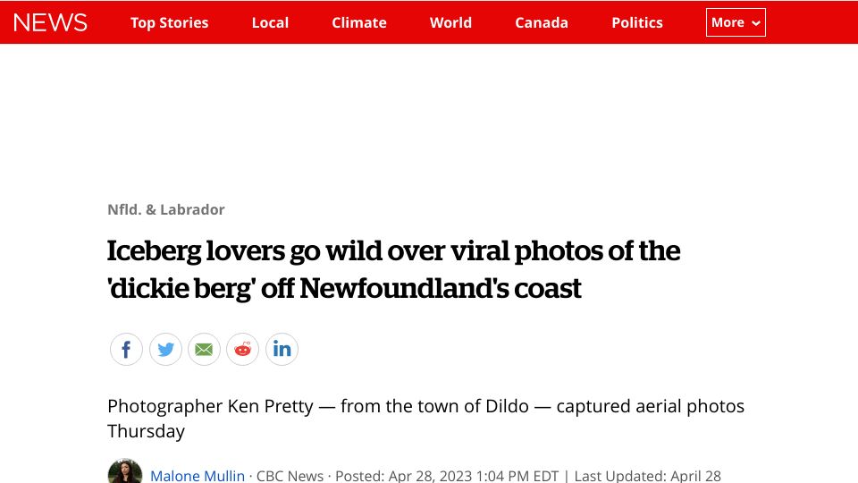 Screenshot of cbc.ca: Iceberg lovers go wild over photos of the 'dickie berg' off Newfoundland's coast