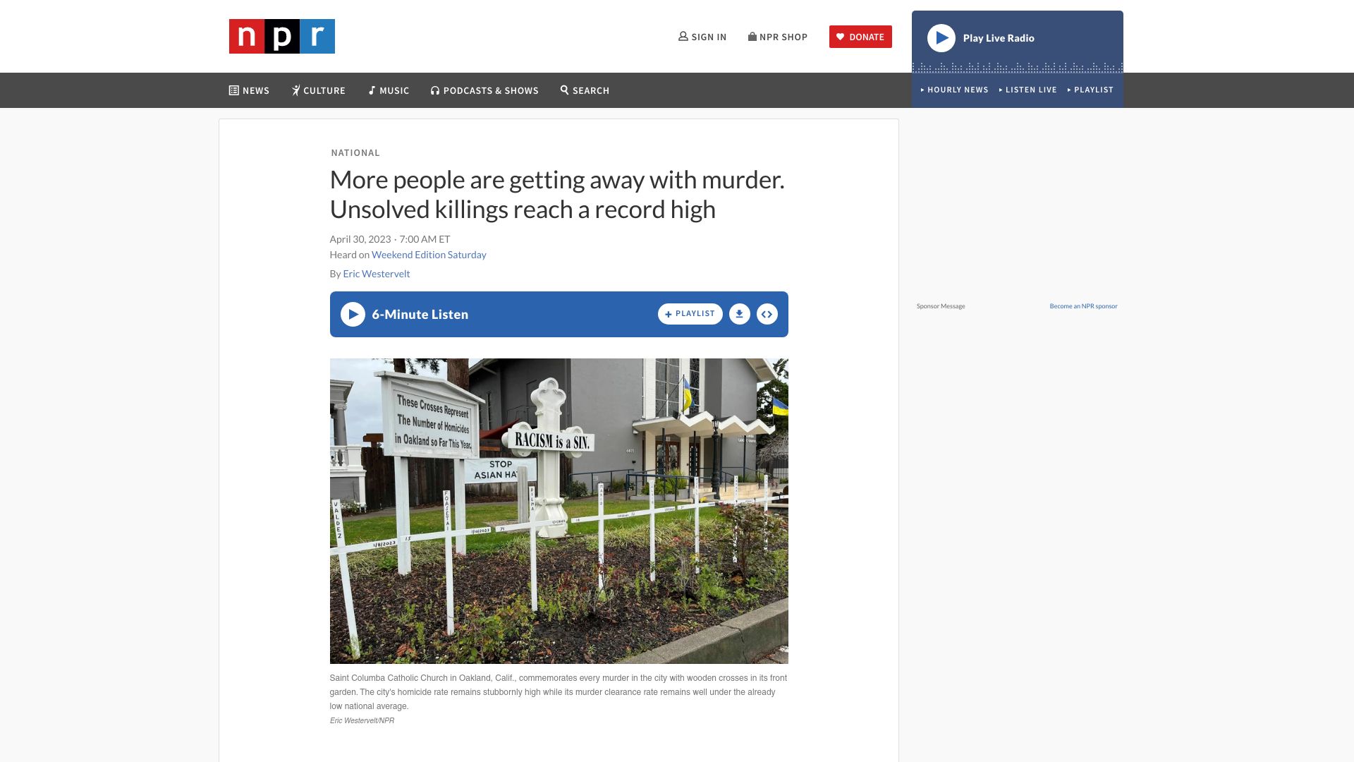 Screenshot of npr.org: More people are getting away with murder