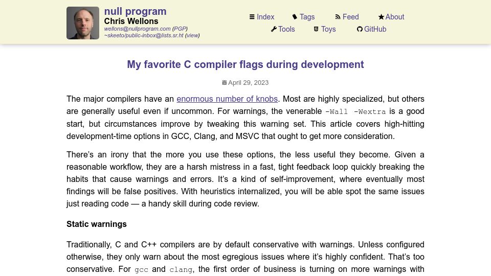 Screenshot of nullprogram.com: My favorite C compiler flags during development