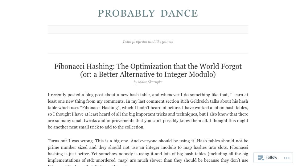 Screenshot of probablydance.com: Fibonacci Hashing: An optimization that the world forgot (2018)